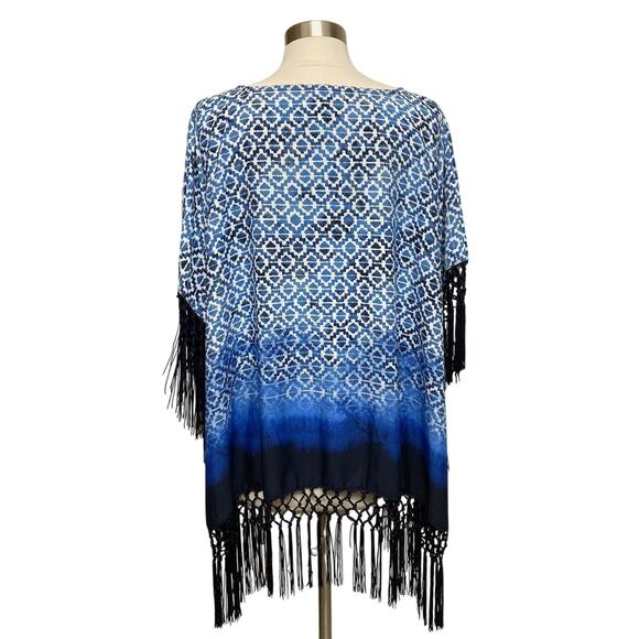 Womens Chico’s Light Weight Poncho Geometric Print with Fringe Blue One Size - Picture 4 of 8